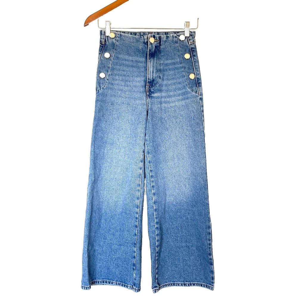 Zara Womens Wide Leg High Waist Retro Sailor Jeans Size 0 Blue Nautical Coastal